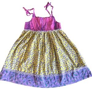 Homemade Boho Floral Tiered Sundress 7 Purple Yellow Lace Trim Tie Shoulder